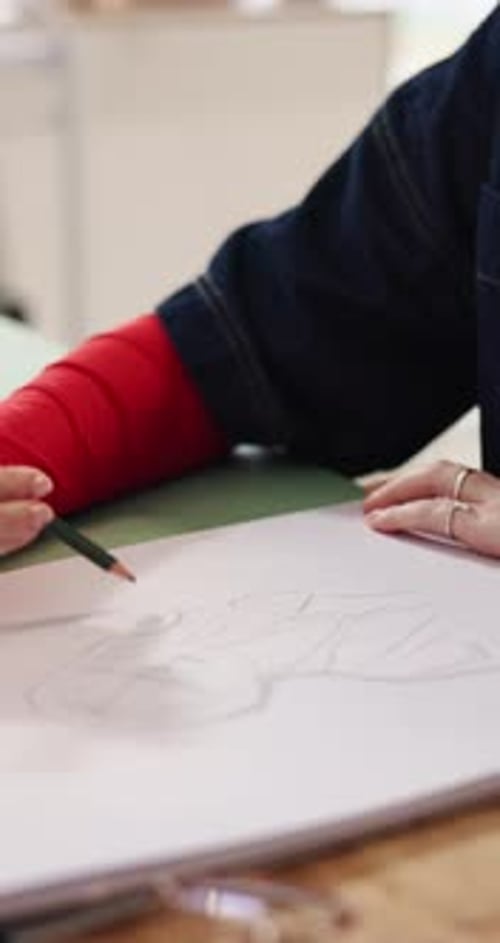 Drawing, pencil or hands with sketchbook in studio, creativity or visual art course for technique