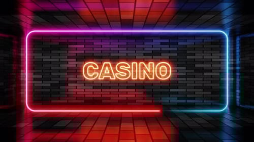 Neon sign casino in speech bubble frame on brick wall background 3d render. Light banner