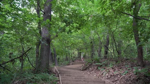 Man traveler walks down the stairs in the park