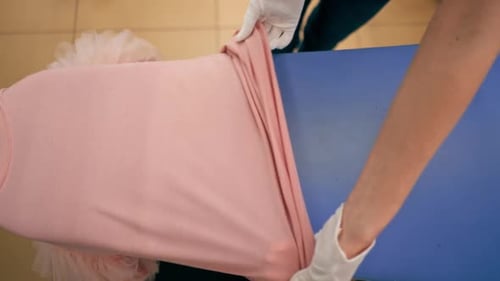 Hands Smoothing Pink Garment on Light Blue Surface