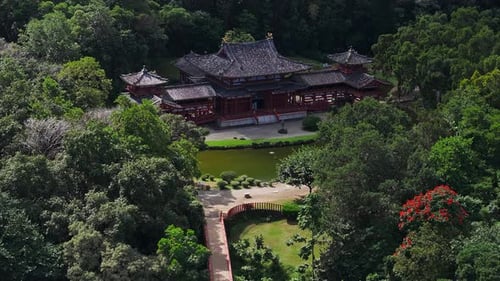 Aerial View of Byodo In Temple Amidst Lush Greenery in Oahu Hawaii