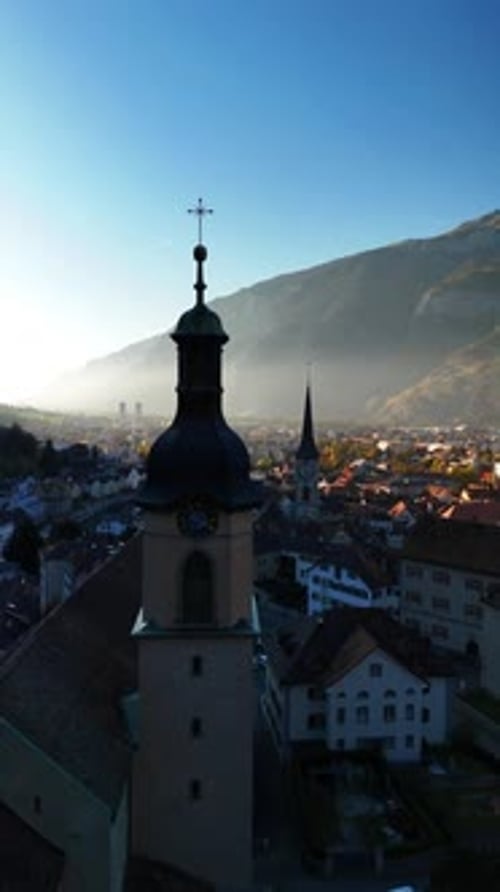 Switzerland oldest city Chur, medieval alpine settlement Swiss Alps region aerial drone