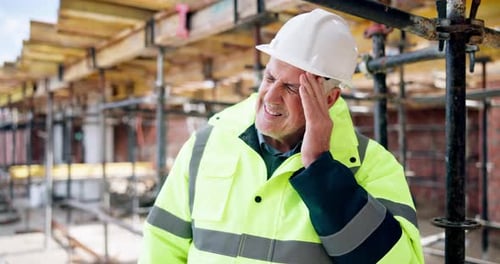Mature, man and architect with headache on construction site for injury, accident or overworked