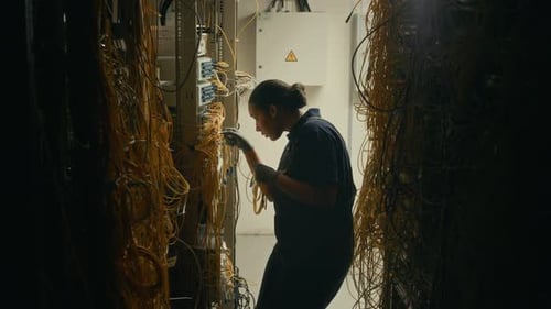 Female Technician Working with Network Cables in Server Room