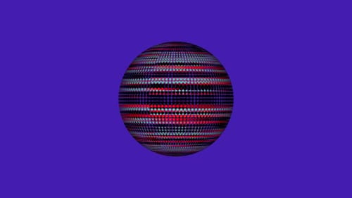 digitaler Planet mit Kugelkugel auf Discokugel auf rotierendem technologischem blauem Hintergrund