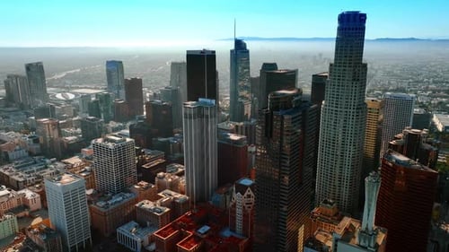 Approaching high-rise buildings in the center of Los Angeles, California, USA