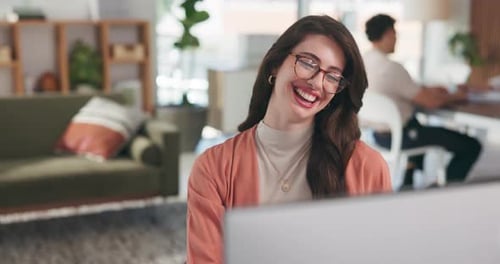 Happy, business woman and wave with video call in office for online meeting or discussion