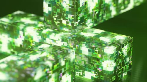 Abstract Green Blocks with Glowing Pixelated Surfaces Connecting and Building a Larger Structure