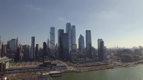 Wide Drone Shot of Hudson Yards and Manhattan Skyline