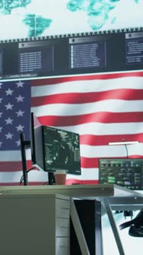Vertical Video Empty Army Command Center with Big Data Presents the American Flag