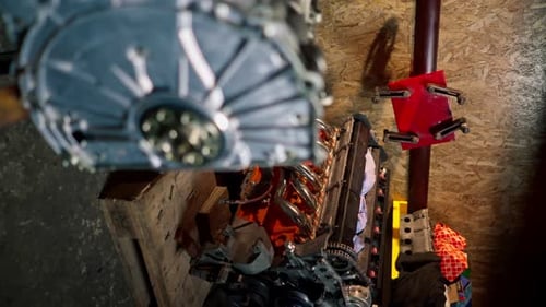 Vertical Video at Service Station Metal Exhaust System Several Pipes Converge Into One Down