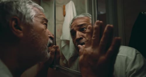 Un homme pressé contre un miroir avec angoisse, le visage tordu de fureur et de désespoir, les mains griffées