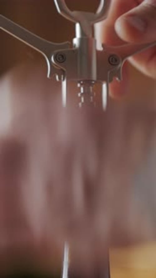 Hand using corkscrew to open wine bottle close up at home
