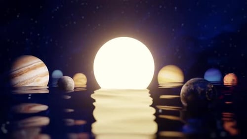 Surreal Planets Floating on Water at Night with Glowing Orb