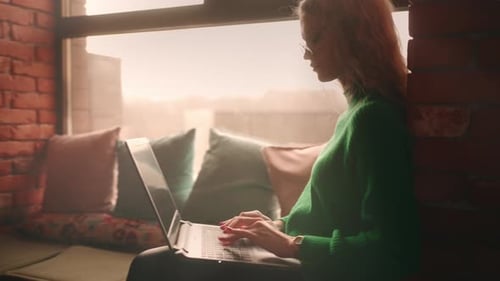 Freelance Copywriter Woman Working In Cozy City Cafe Female Itspecialist Works Remotely