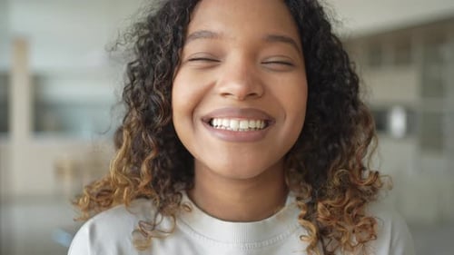Beautiful African American Girl with Afro Hairstyle Smiling Close Up Portrait of Young Happy Black
