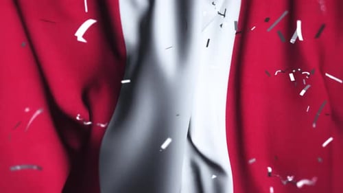 Waving Red and White Flag with Falling Confetti