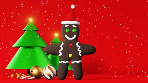 Festive Animated 3D Gingerbread Man and Christmas Trees Scene