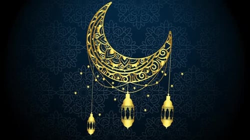 Golden Crescent Moon and Lanterns Islamic Holiday Animation