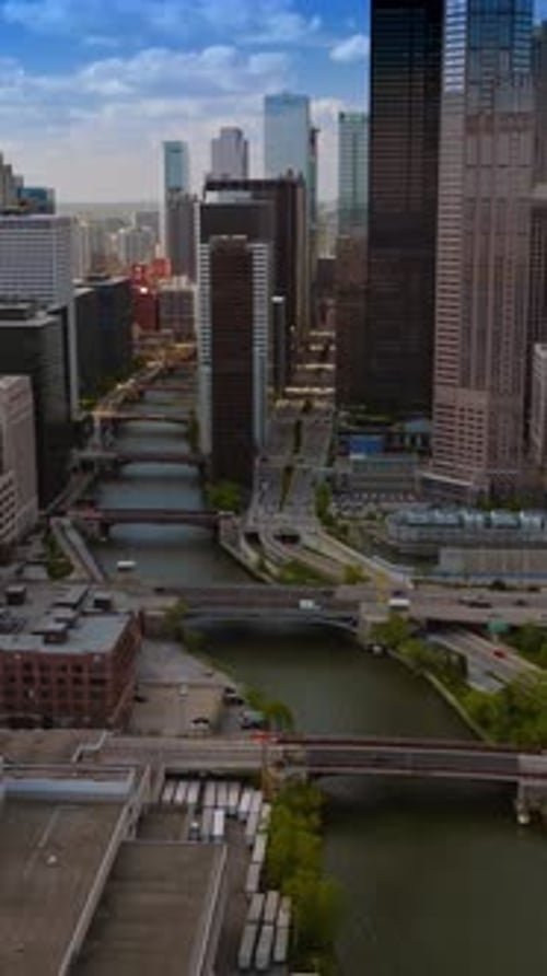 Numerous bridges crossing Chicago River. Beautiful city panorama with stunning architecture.