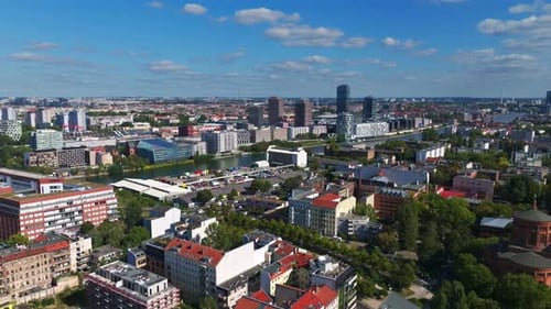 Aerial drone view of the Spree River flowing through central Berlin