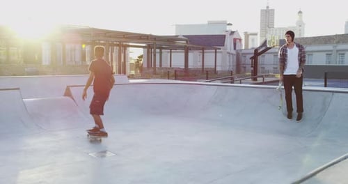 City, park ramp and people with skateboard for exercise, practice and hobby activity in morning