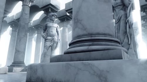 An ancient temple with marble columns and sculptures.