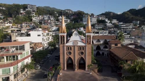 Drone shot of the Parroquia Nuestra Señora del Refugio in Puerto Vallarta, Jalisco, Mexico
