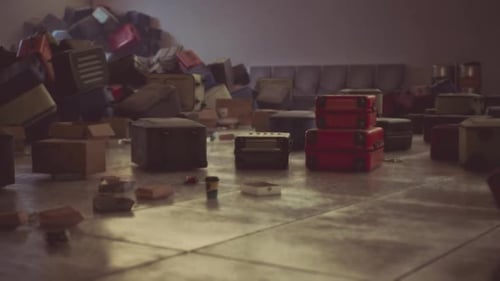 Abandoned Airport Interior Showing Scattered Luggage and Debris