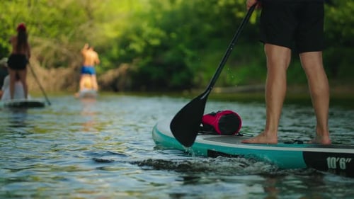 Trendy Kind Of Sport Standup Paddleboarding In River In Summer Day Closeup View Of Male Legs