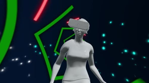 Woman wearing VR headset in futuristic neon environment with dynamic lights