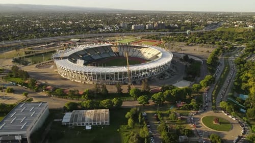 Birds eye view of famous football stadium, Estadio Mario Alberto Kempes. Argentina. Aerial.