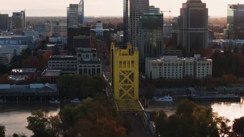 Drone Aerial of Sacramento, CA Tower Bridge, California State Capitol, Sacramento River during Golde