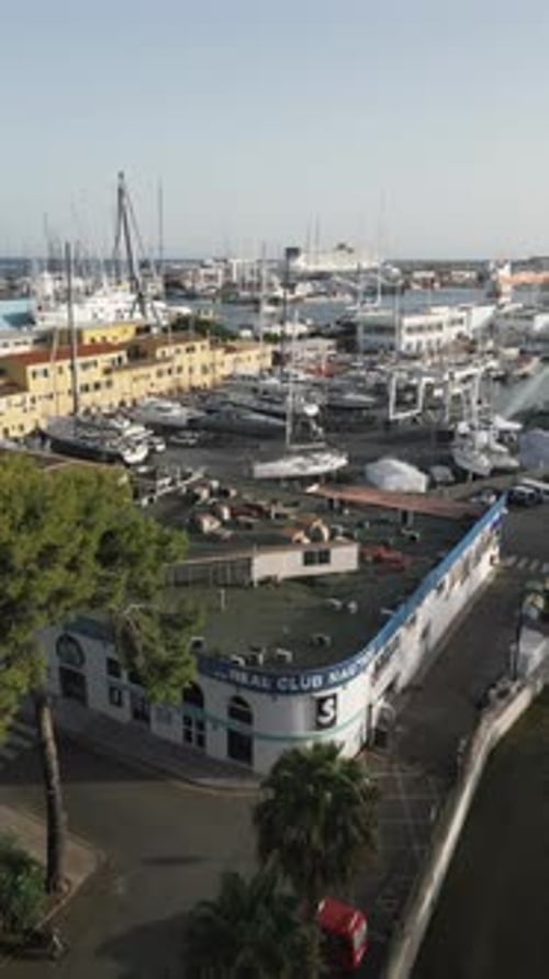 Palma de Mallorca, Spain aerial view of many yachts and ships in the city harbor in the marina