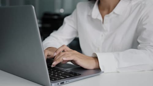 Closeup Female Hands Typing on Laptop Young Businesswoman Working in Office Writing Report Using