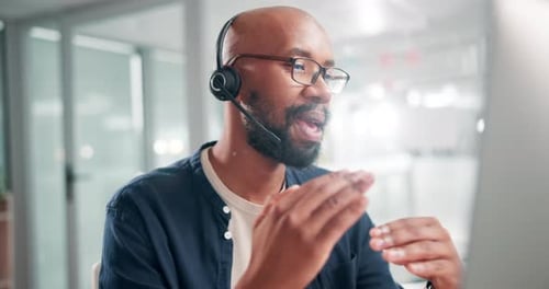 Call center, businessman and happy with communication and telemarketing for customer service