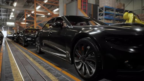 Intérieur d'une usine automobile. Carrosserie de couleur noire sur une chaîne de montage de voitures