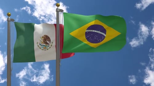 Mexico and Brazil Flags Waving in Blue Sky Animation
