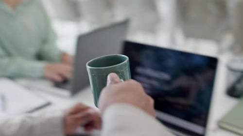 Businessman, drink and working with coffee tech in office, workplace and employee with mug of hot