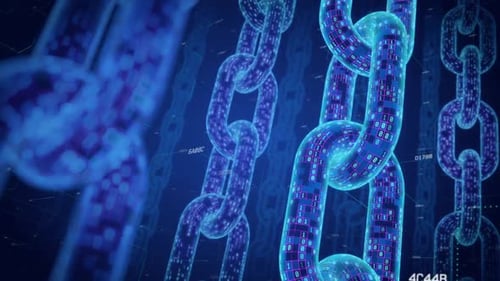Blue Seamlessly looping animation of futuristic blockchain concept. Binary data flows through chain