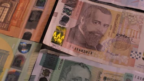 Bulgaria change currency, Bulgaria Lev to Euro. Money exchange. Paper banknotes on table.