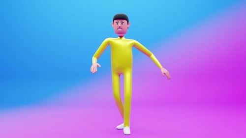 Expressively dancing man in a tight-fitting suit.