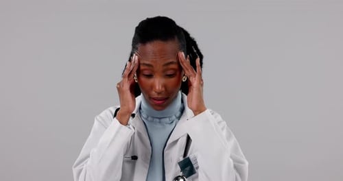 Woman, doctor and headache or stress for healthcare results, hospital mistake