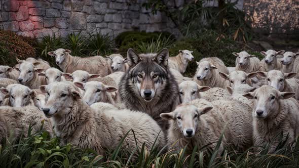 Wolf Hidden Among Sheep Illustrating Deception Wolf Hidden Among Sheep Illustrating Deception