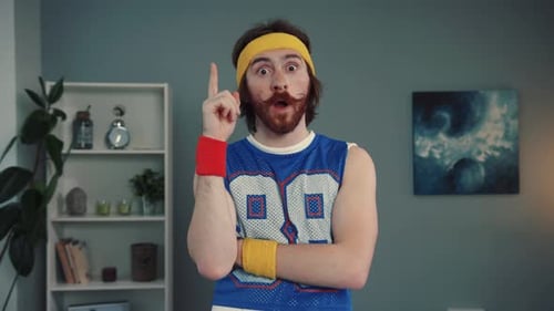 An Enthusiastic Retro Fitness Lover Dressed in Vibrant and Colorful Sportswear Attire