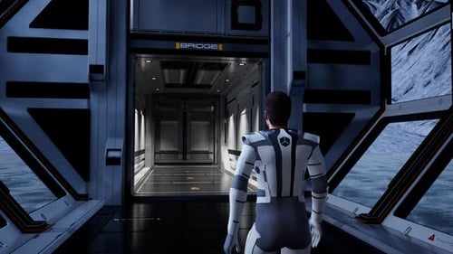 Astronaut Walks In Futuristic Sci Fi Base Hallway On Icy Planet 5