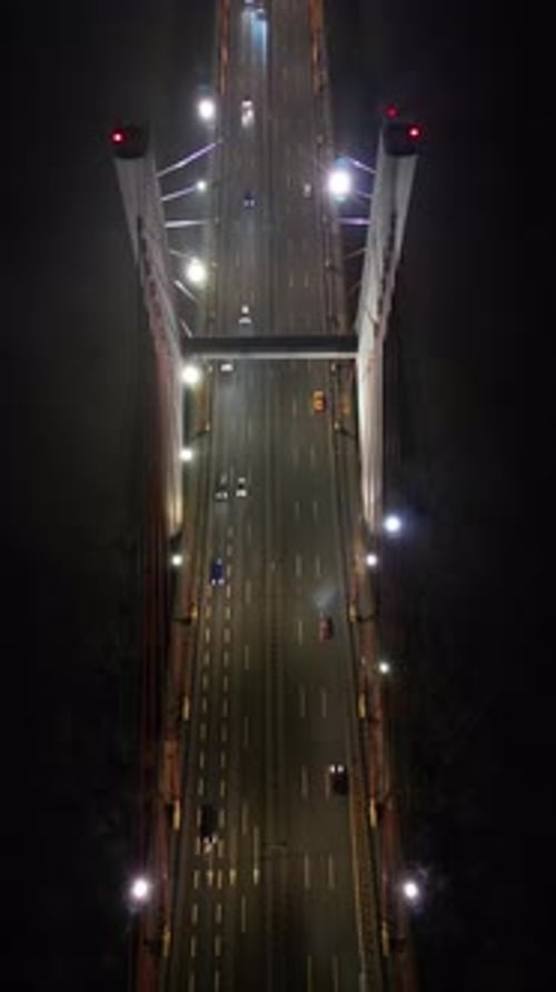 Aerial video of the Svitokriski bridge at night. Warsaw Poland