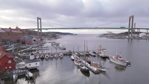 Aerial view of harbor and Älsvsborg bridge spanning Göta älv river, Gothenburg