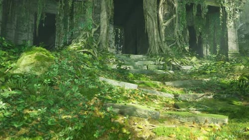 Radiant Pathway Weaving Past Overgrown Archaeological Sites and Natural Foliage