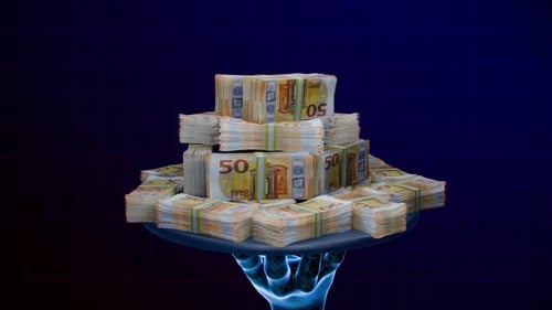 Digital Hand Serves Pile of Euro Money Banknotes
